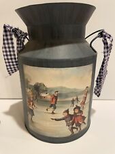 Farmhouse Primitive Milk Can Galvanized Metal Canister Vase Ice skating 8.5” picture