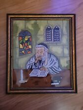 Vintage Jewish Rabbi Studying Torah Punch Needle Embroidery Framed Handcrafted picture