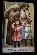 Long Brown Robe Santa Claus with Children~Sack~Antique~Christmas Postcard-k575 picture