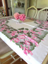 Vintage Tablecloth California Hand Prints 1950's Floral Pinks Greens 52in x 44in picture