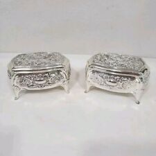 Silver Tone Trinket Boxes Tarnish Resistant Made In Japan Cherub Footed Lot of 2 picture
