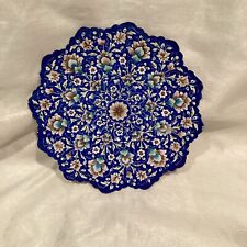 Enamel Hanging Plate Flowers Blue White Floral 8” Hand painted Markings picture