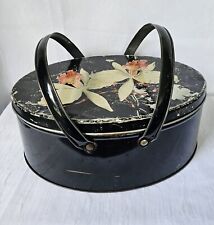 Floral Biscuit Tin Oval With Handles Daffodils Black Vintage 1950s picture
