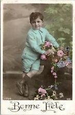 C.1910s Hand Tinted RPPC Adorable Boy LOTUS Art Nouveau Back Postcard A120 picture