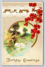 Antique Embossed Gold Trim Red Flowers 2 Swans Lake 1912 Cancelled Ben Franklin picture