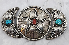 Old Tom David Navajo Sterling Silver & Turquoise Coral 3 Piece Belt Buckle Set picture