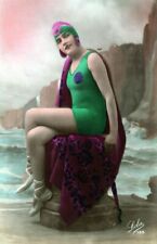 Seated Young Woman In Bathing Suit Hand Colored Real Photo Postcard rppc picture