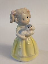 Vintage Glazed Porcelain Bell, Yellow, Little Girl with Kitty Cat Figurine Mint  picture