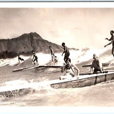 c1940s Waikiki, Honolulu, Hawaii RPPC Surf Riding Surfing Postcard Canoe HI A160 picture