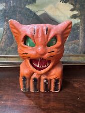 Vintage Halloween Paper Pulp Cat On Fence Lantern With Original Face Insert. picture