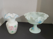 FENTON Glass Blue Pedestal Dish & Swirl Vase HAND PAINTED Vintage/2 Pc WHOLESALE picture
