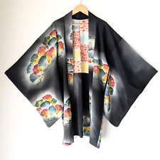 Japanese Vintage Haori Long Chirimen Black Morning glory Pattern Silk Kimono picture