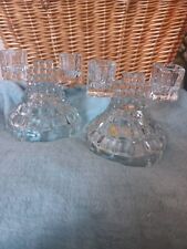 Pair Of Early American Pressed Glass Geometric Stacked Look MCM Candelabras EUC picture