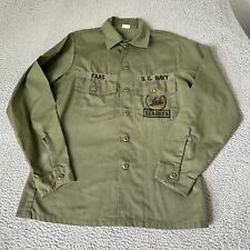 Vintage Military Jacket Mens 15.5 Green US Navy Seabees Fatigue Button Up picture