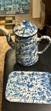 Antique Blue White Swirl Graniteware Enamelware Coffee Tea Pot 10 1/2