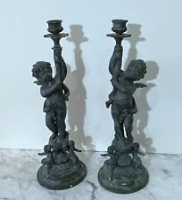 GORGEOUS VINTAGE PAIR OF METAL NEOCLASSICAL STYLE CHERUB CANDLE HOLDERS picture