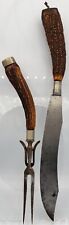 Vintage Carving Knife Set Stag Antler Horn Handles Sterling Silver Trim Patina  picture