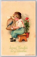 Clapsaddle Valentine~Boy with Bird in Gilded Cage~Red Rose Bush~1920s IAPC picture