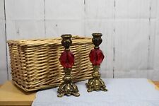 VINTAGE FILIGREE Red BALL CANDLE HOLDERS ORNATE MID CENTURY GLAM picture