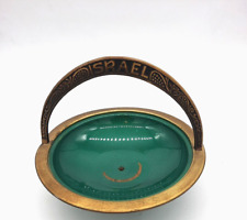 Vintage Brass & Green Enameled Footed Candy Trinket Dish With Handle From Israel picture