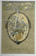 Vintage Postcard, Basket of Blue Flowers, Embossed, Hearty Greetings picture