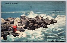 Fishing Off Jetties Linen Postcard PM Cancel WOB Note VTG Vintage picture