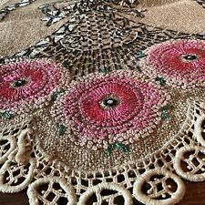Antique PUNCH NEEDLE WORK On Burlap TABLE RUNNER Superb Colors Great Condition picture
