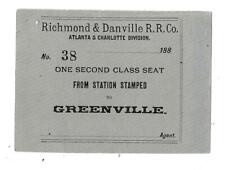 Richmond & Danville Railroad - 2nd Class Seat to Greenville - 1880's - Virginia picture