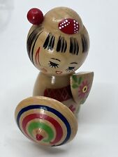 Vintage Japanese Solid Wood Kokeshi Doll With Umbrella & Fan 3 1/2” Tall picture