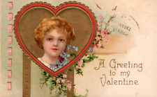 VTG 1908 VALENTINE'S DAY PC  BEAUTIFUL CURLY HAIRED GIRL SET OFF IN GOLD HEART picture