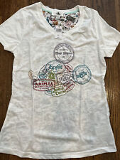 Disney Parks Shirt Women’s Small White V-Neck Park Logos Stamps NEW picture