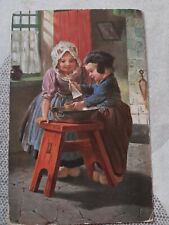 Old Original artist painted postcard - Dutch children playing picture