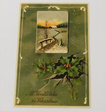 Christmas Greeting Postcard Embossed Scenic Holly c1910 picture