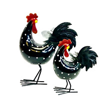 2 Black Rooster Chicken Porcelain Farmhouse Decorative White Dots Vtg Springs picture
