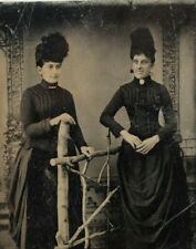 c1880s Tintype 2 Beautiful Women W Large Hats Corset Victorian Dress Brooch T46 picture