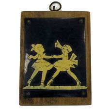 Vintage Tiny Bakelite and Enamel Wood Wall Plaque 2 Girls Dancing Holding Hands picture