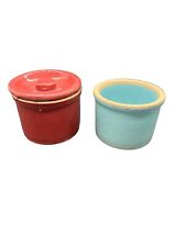Primitive Pair Glazed Pottery Butter Jars - Blue And Maroon- One No Lid picture