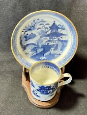 Antique Chinese Export Canton Blue & White Porcelain Cup & Saucer Pre 1891 picture