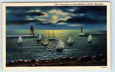 RACINE, WI Wisconsin~ MOONLIGHT SCENE on Lake Michigan Boats 1939 Linen Postcard picture
