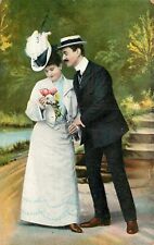 Postcard Romance Edwardian Couple Porkpie Hat Woman Roses Large Hat Unposted picture