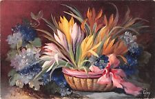 Colorful Crocus & Other Flowers in a Planter-Old PC Signed Artist Mary Golay picture