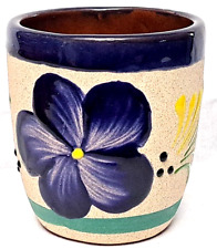 Vintage Tonala Mexico Mug Sand Clay Pottery Handmade Hand Painted Blue Floral picture