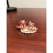 Handmade Amy LaCombe Ceramic Cat Figurine on Rug Red & White Polka Dots & Stripe picture