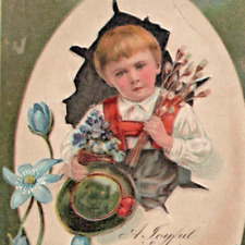 Antique 1908 Joyful Easter Boy Blue Flowers Embossed Postcard picture