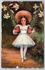 Easter Greeting, Girl In Dress And Hat Holding Plants, Antique, Vintage Postcard picture