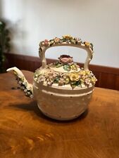 Antique Hand Painted Encrusted Flowers Porcelain Tea Pot picture