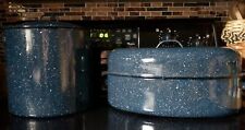 Vintage Graniteware Enamel LOT Crab Pot & Roaster, Navy Blue White Speckle, USA picture