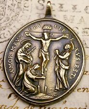 ANTIQUE 18TH CENTURY CATHOLIC HOLY SHIELD FIVE WOUNDS OF CHRIST BRONZE MEDAL picture