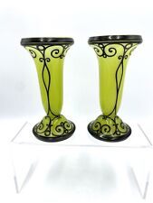 Pair of Vintage Green Bohemian Glass Vases With Applied Scroll Design picture