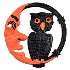 Antique vtg Halloween German Embossed Die Cut Black Owl Paper Moon picture